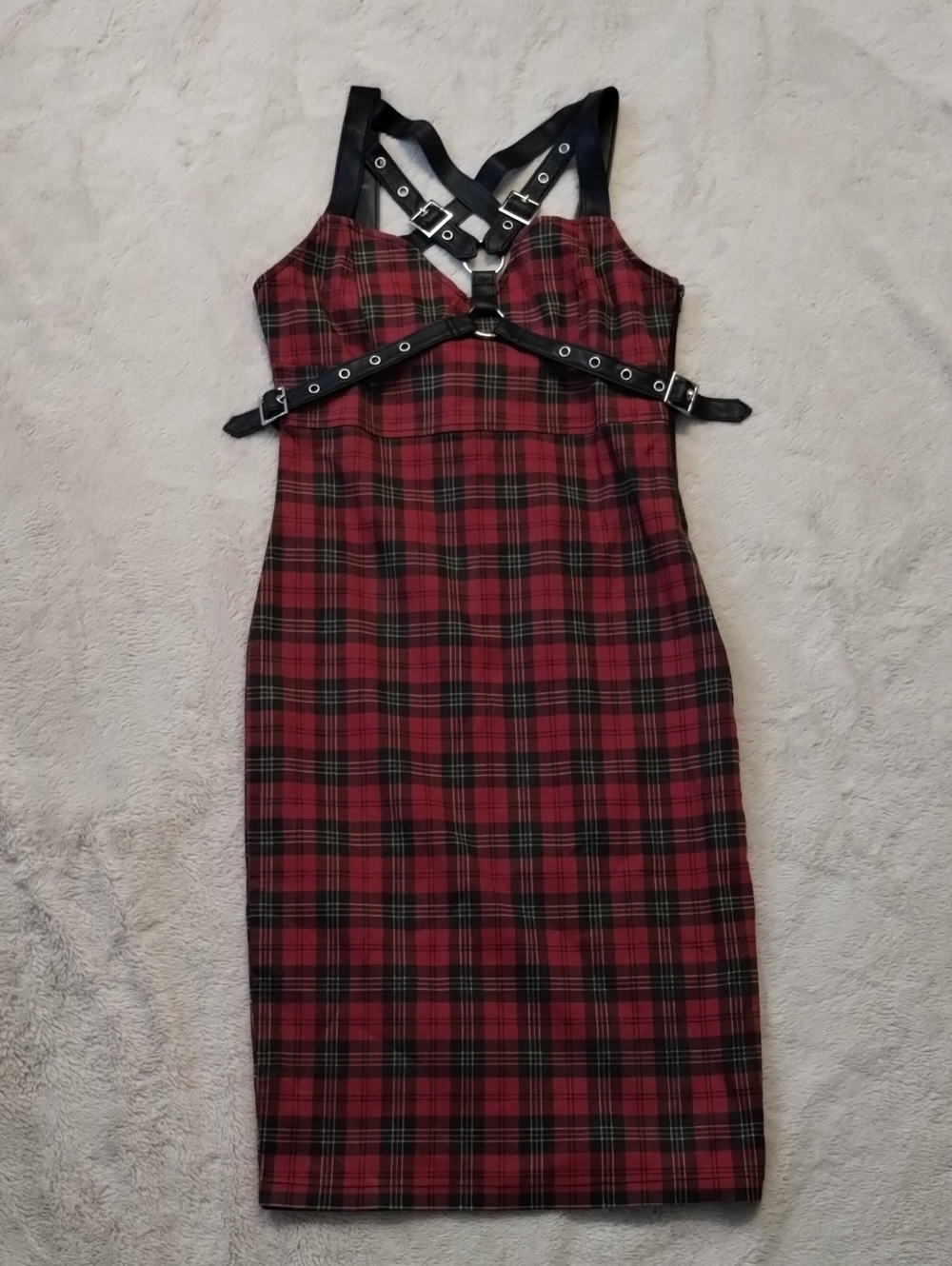 Killstar Red Plaid Midi Dress with Black Harness Straps